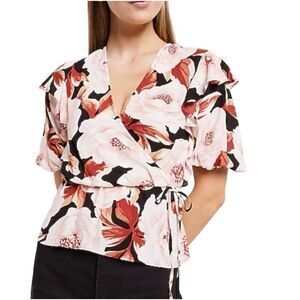 Express NWT floral faux wrap puff sleeve peplum top size S